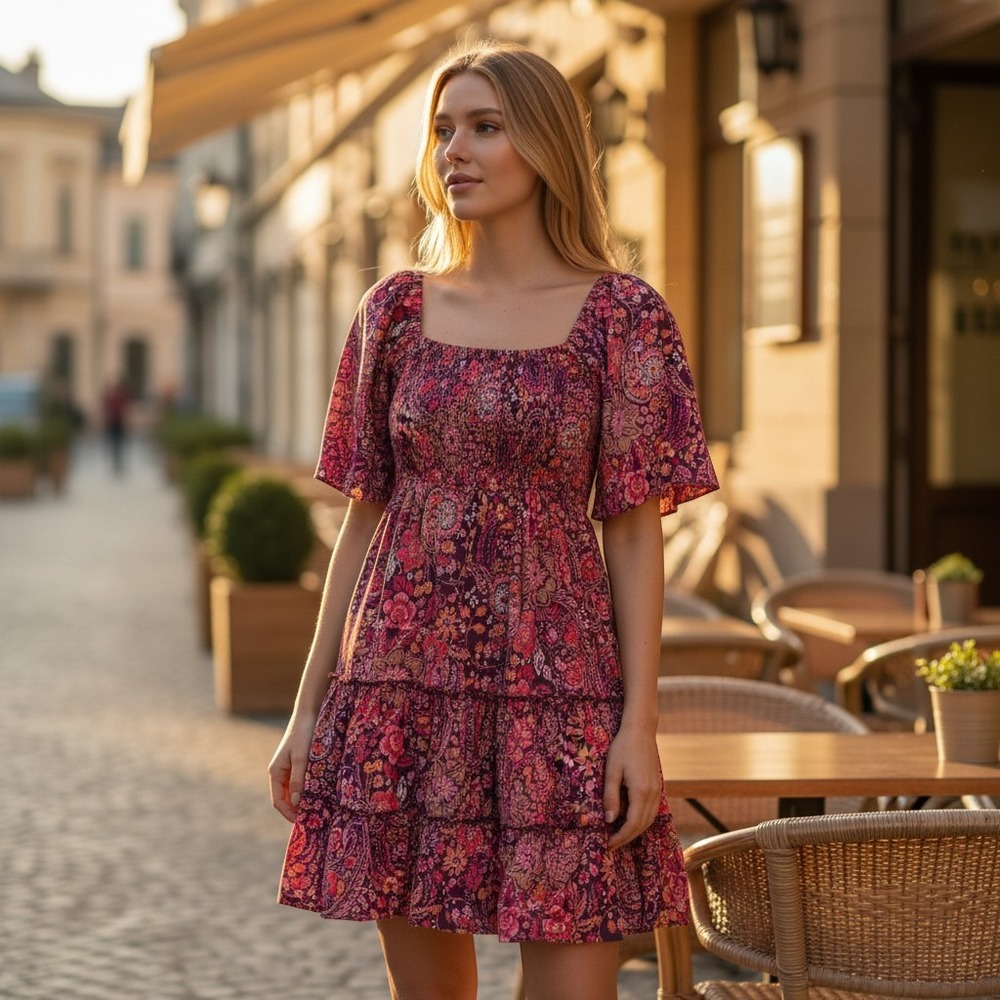 Angie Womens Small Floral Paisley Smocked Tiered Mini Dress Boho